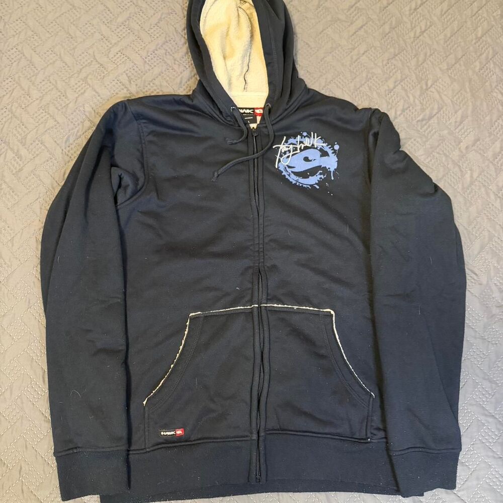 Vintage 00s Embroidered Tony Hawk black zip up hoodie Skater goth Size Large